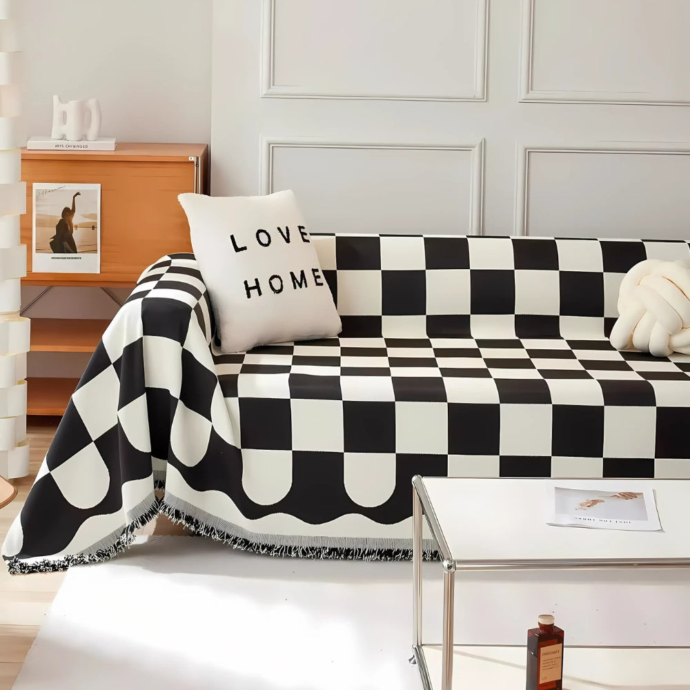 Chess Board Chic Tasseled Sofa Cover - Stylish Cotton-Microfiber Blend for Armchairs and Sofas 3