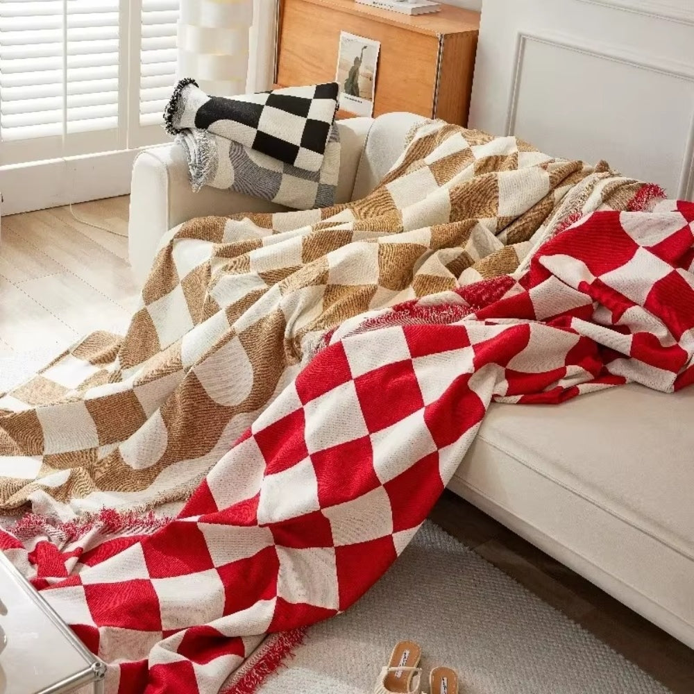 Chess Board Chic Tasseled Sofa Cover - Stylish Cotton-Microfiber Blend for Armchairs and Sofas 4
