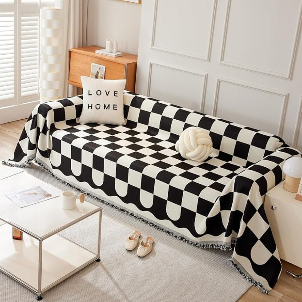 Chess Board Chic Tasseled Sofa Cover - Stylish Cotton-Microfiber Blend for Armchairs and Sofas 7