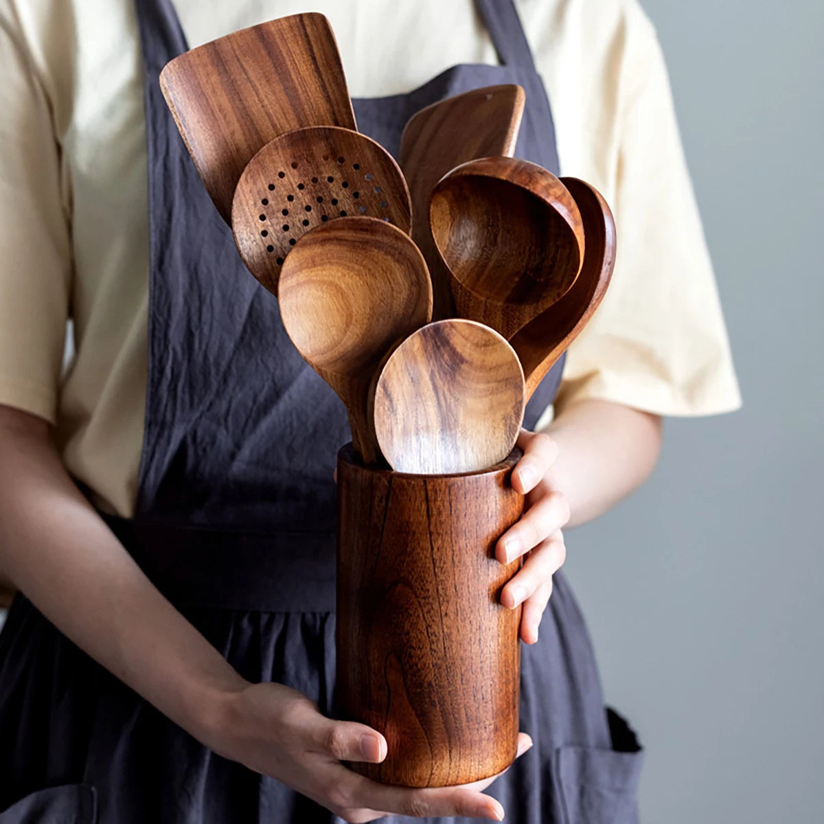 Cookara | Wooden Cooking Utensils Set with Storage Bucket for Home Cooking Essentials 0