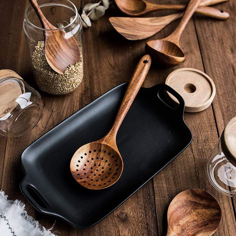 Eco-Friendly Wooden Kitchen Utensil Set with Natural Teak Finish | Safe Cooking Utensils for Non-Stick Cookware 1