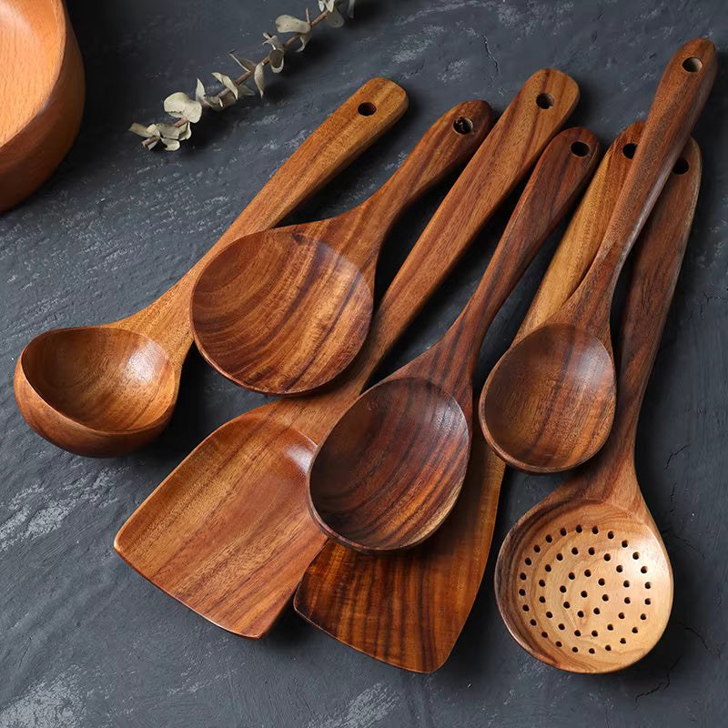 Eco-Friendly Wooden Kitchen Utensil Set with Natural Teak Finish | Safe Cooking Utensils for Non-Stick Cookware 3