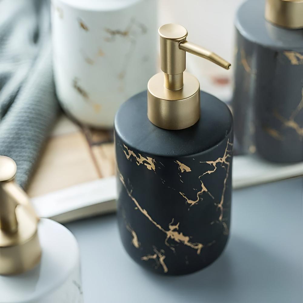 Elegant Luxe | Hand Soap Dispenser with Ceramic Design & Gold Accents | Stylish Organization for Bathroom or Kitchen 2