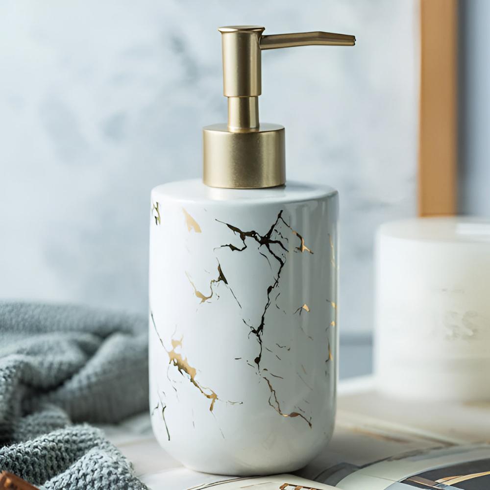 Elegant Luxe | Hand Soap Dispenser with Ceramic Design & Gold Accents | Stylish Organization for Bathroom or Kitchen 3