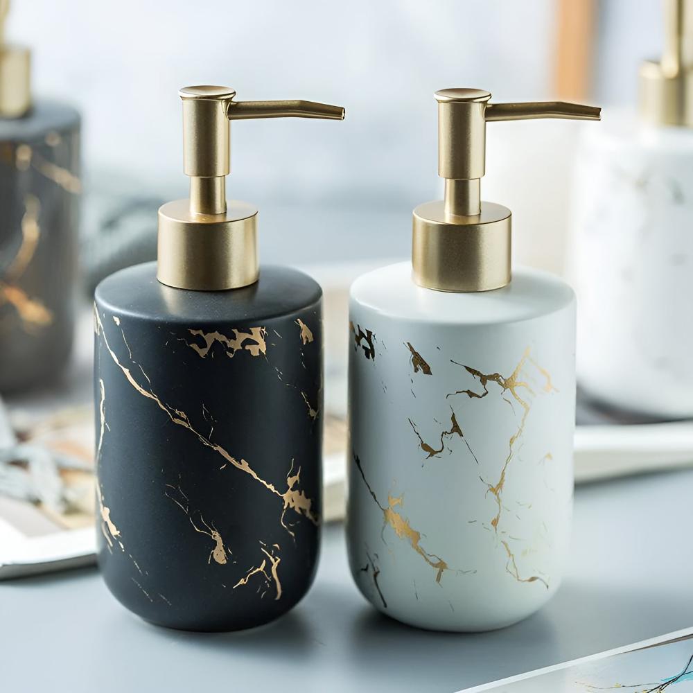 Elegant Luxe | Hand Soap Dispenser with Ceramic Design & Gold Accents | Stylish Organization for Bathroom or Kitchen 5