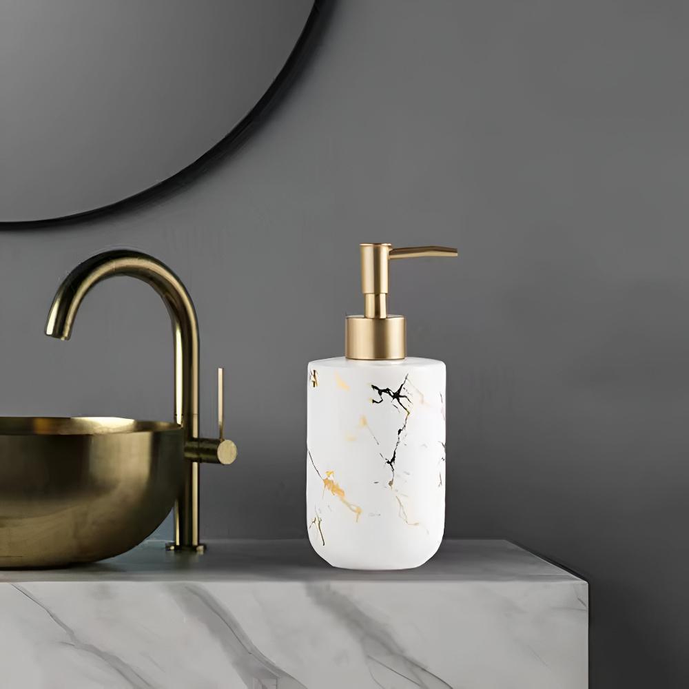 Elegant Luxe | Hand Soap Dispenser with Ceramic Design & Gold Accents | Stylish Organization for Bathroom or Kitchen 6