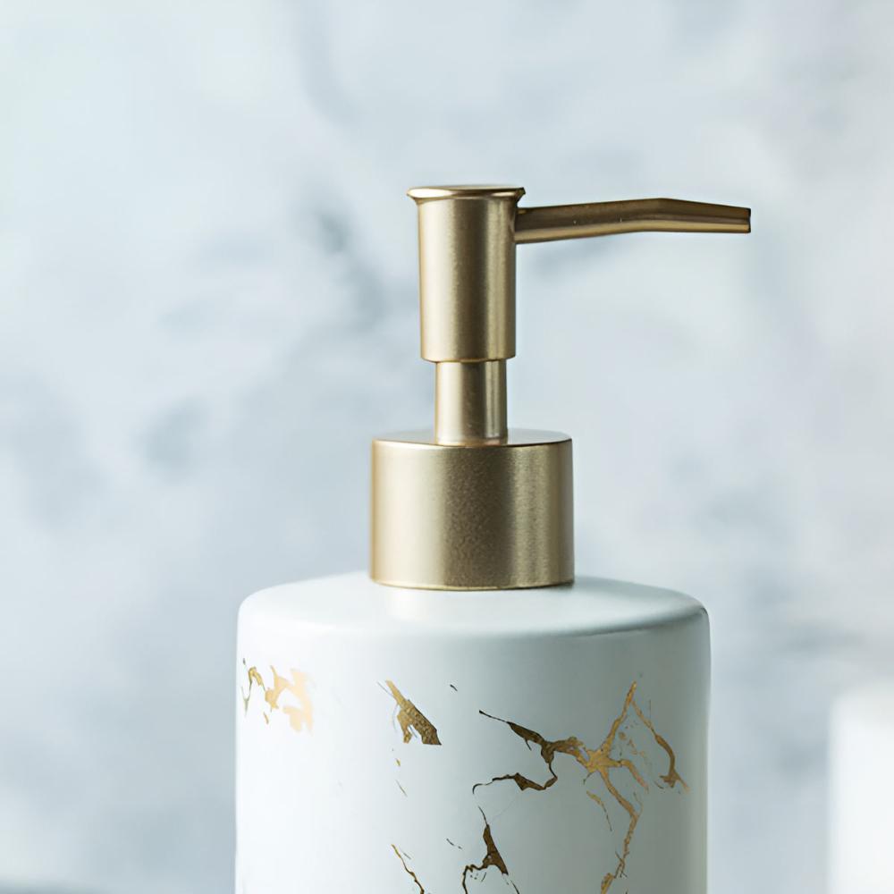 Elegant Luxe | Hand Soap Dispenser with Ceramic Design & Gold Accents | Stylish Organization for Bathroom or Kitchen 7