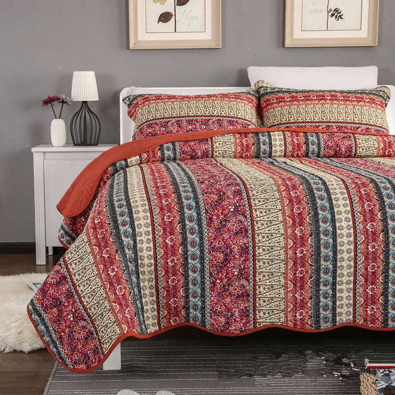Foundry Bedspread Set | Red Cotton Linen Style Quilted Three-Piece Bedspread