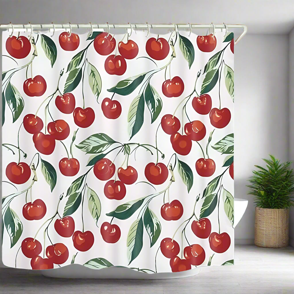 Fruity Charm | Cherry Print Shower Curtain with Waterproof Design | Lightweight & Machine Washable for Easy Care 0
