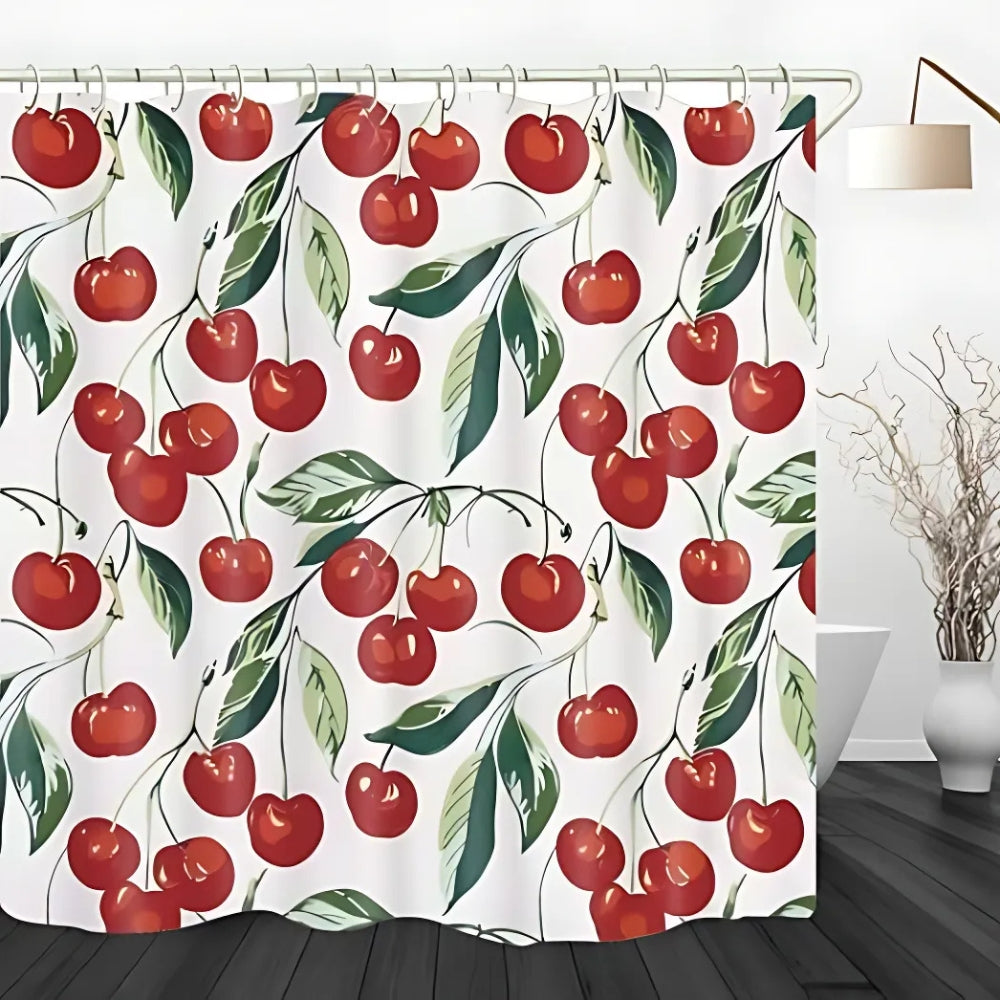 Fruity Charm | Cherry Print Shower Curtain with Waterproof Design | Lightweight & Machine Washable for Easy Care 2