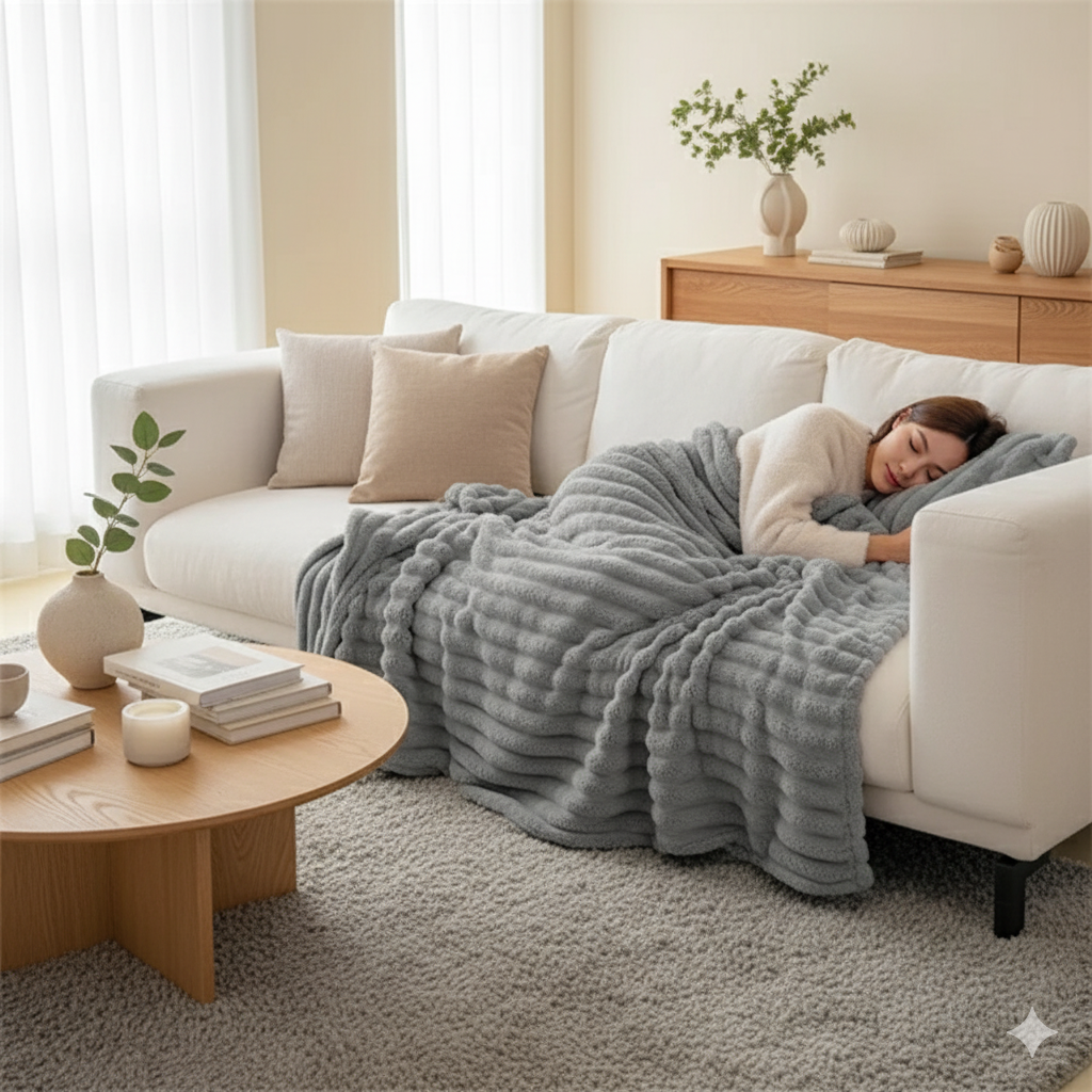HESTIA Cozy Ribbed Throw Blanket | Ultra-Soft Coral Fleece for Home & Travel