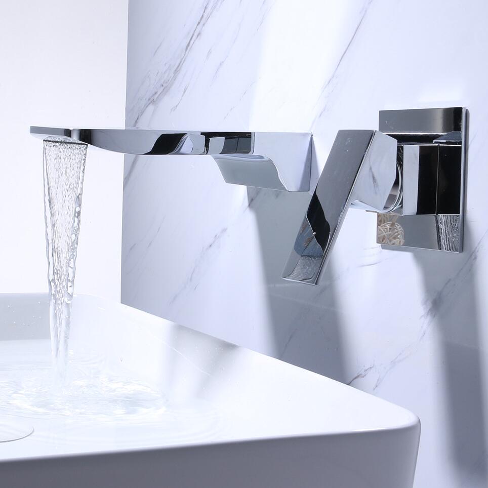 Kelsye Wall Mounted Bathroom Taps in Chrome, Black, and Gold Finishes with Waterfall Design 9
