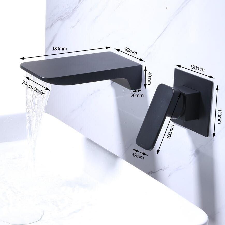Kelsye Wall Mounted Bathroom Taps in Chrome, Black, and Gold Finishes with Waterfall Design