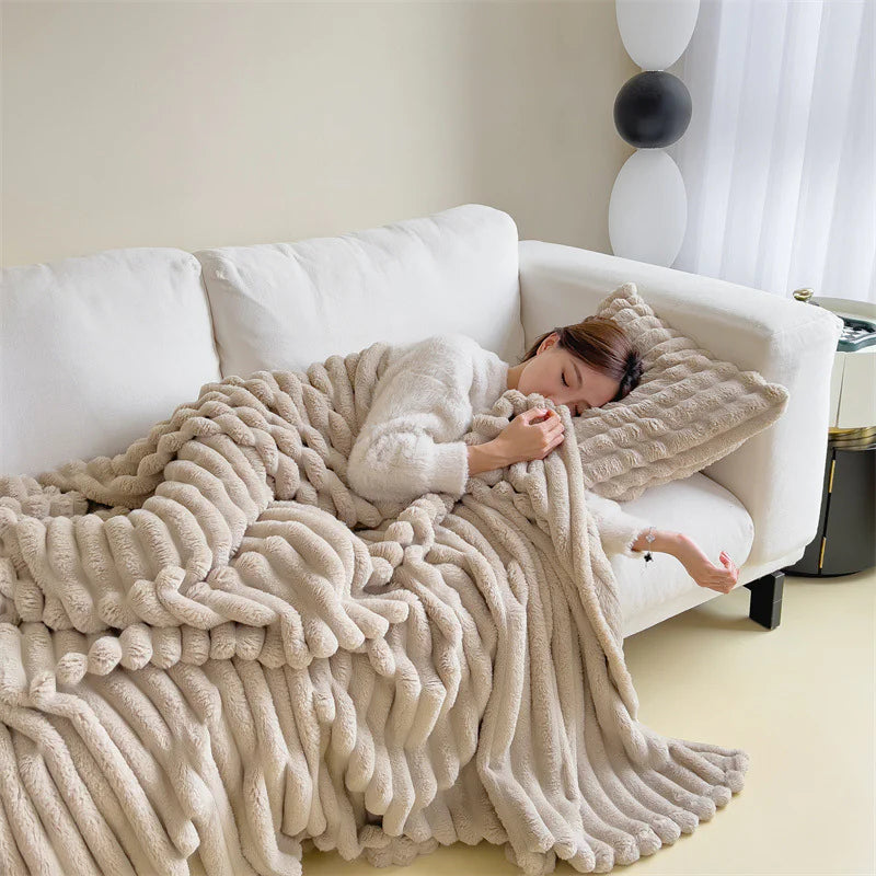 HESTIA Cozy Ribbed Throw Blanket | Ultra-Soft Coral Fleece for Home & Travel