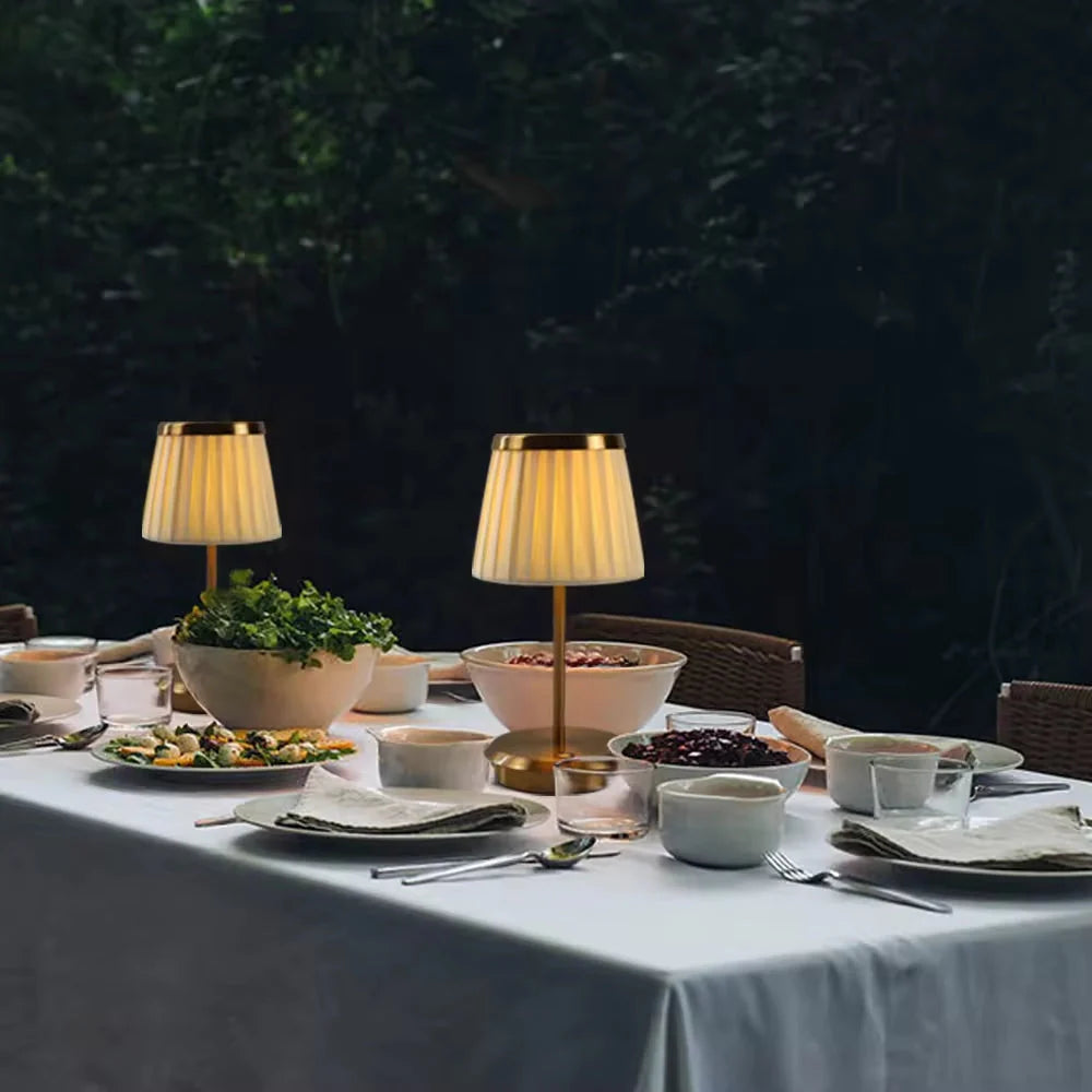 LOIR Elegant Rechargeable Table Lamp | Pleated Fabric Shade with Gold Metal Base