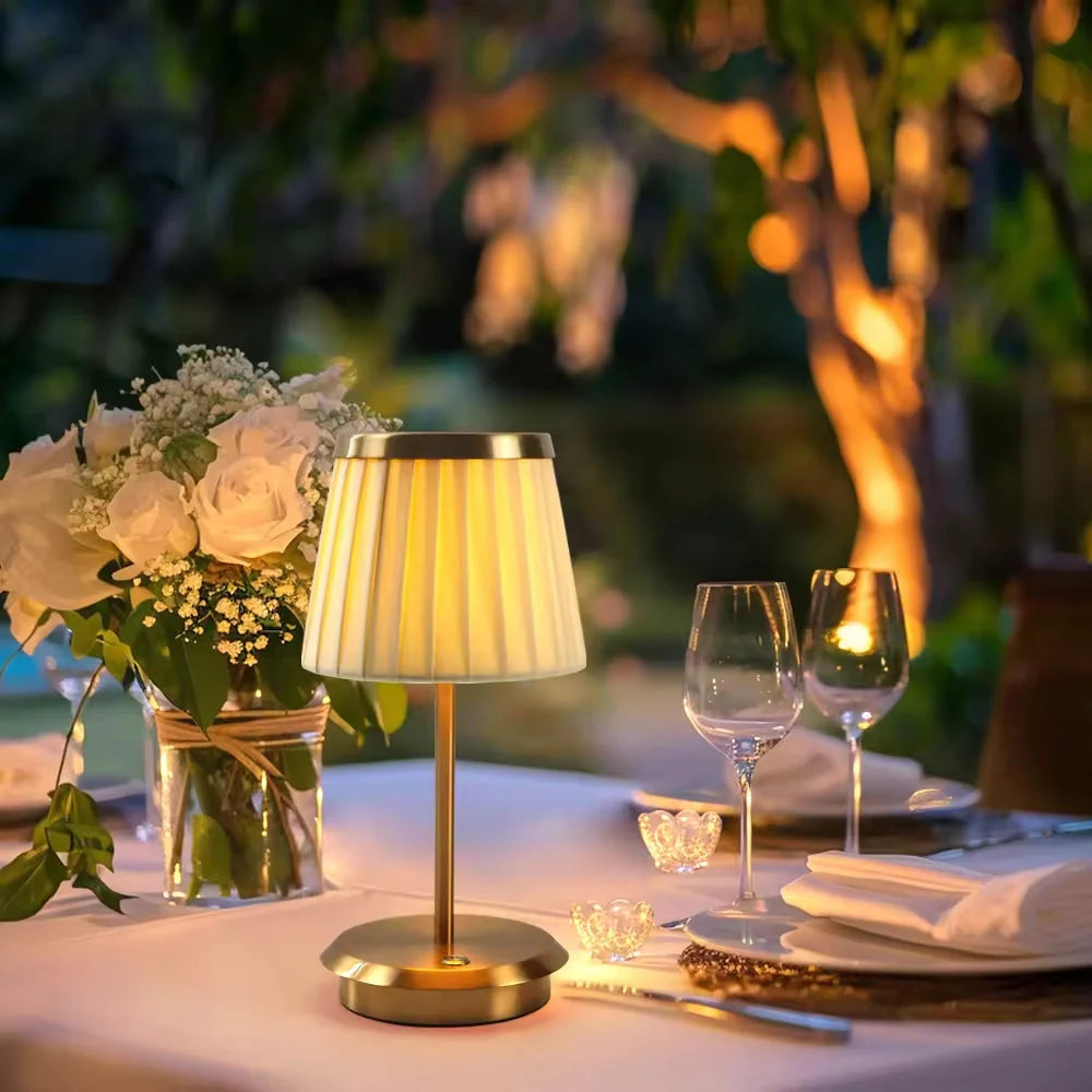 LOIR Elegant Rechargeable Table Lamp | Pleated Fabric Shade with Gold Metal Base