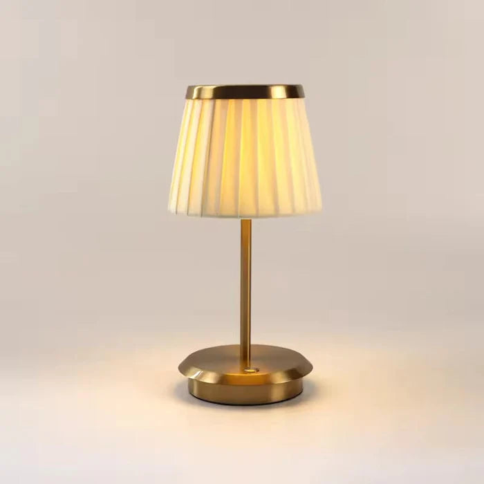 LOIR Elegant Rechargeable Table Lamp | Pleated Fabric Shade with Gold Metal Base