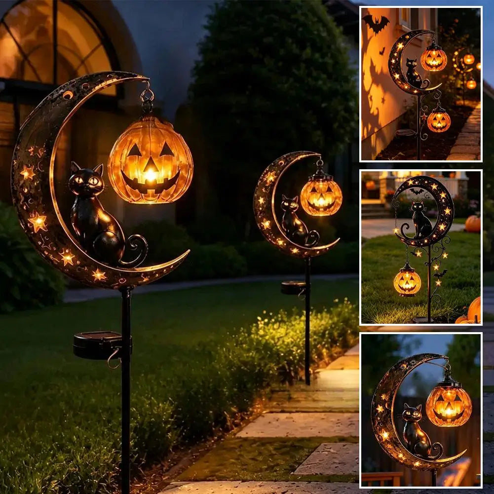 Luna Garden Stake Light with Black Cat and Pumpkin Design 2