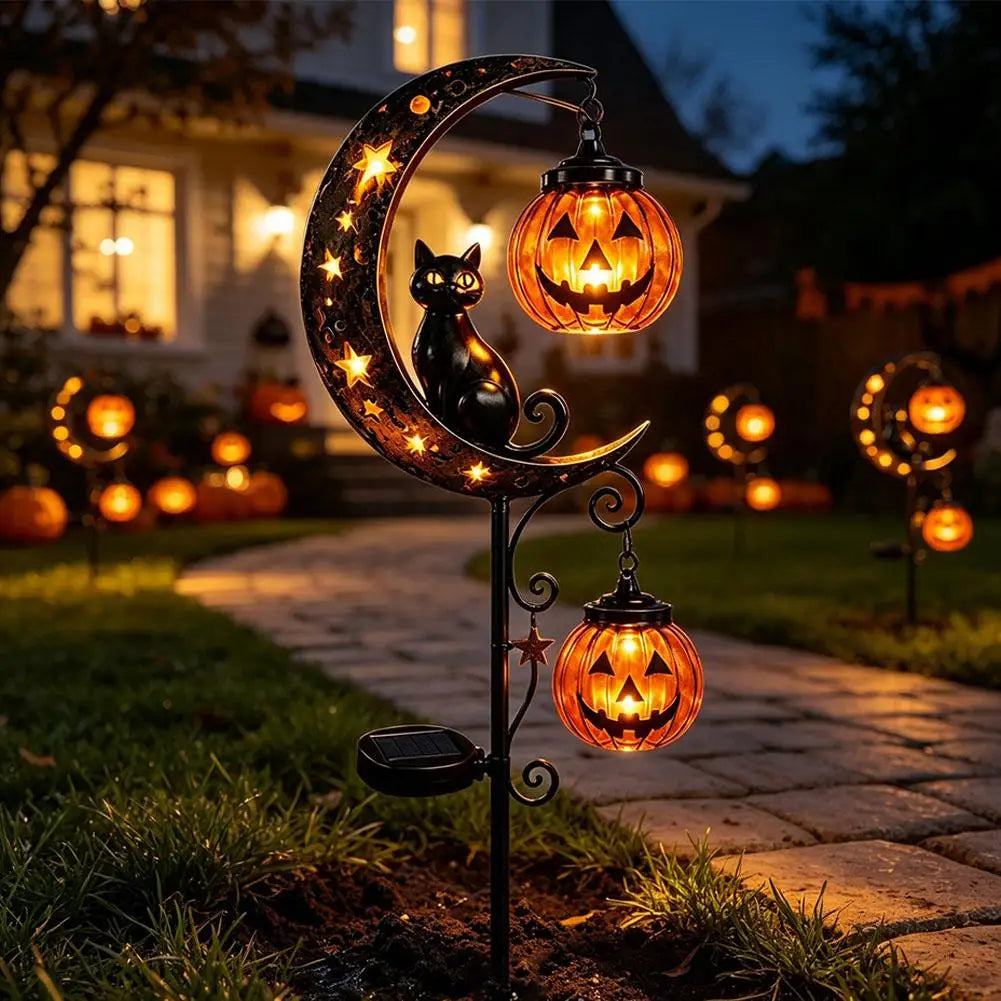 Luna Garden Stake Light with Black Cat and Pumpkin Design 3
