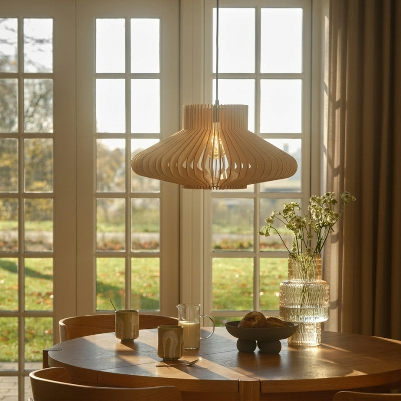 Manago Pendant Light with Wooden Slat Shade for Kitchen Island Illumination