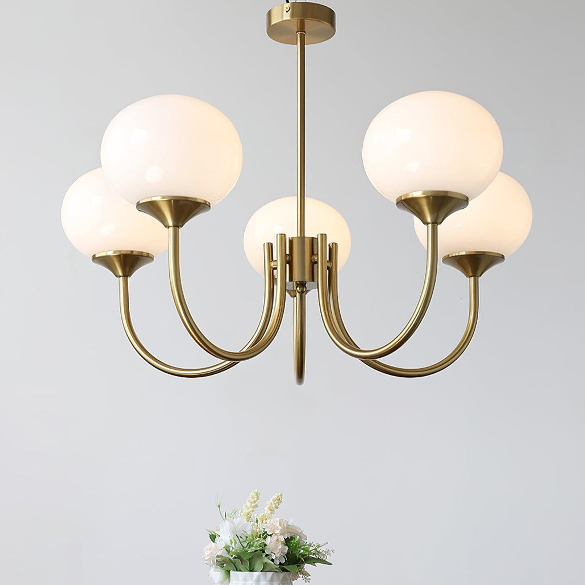 Marshmallow Chandelier Light in Gold Finish with Pale Pink Glass Shades for Modern Dining Room 3