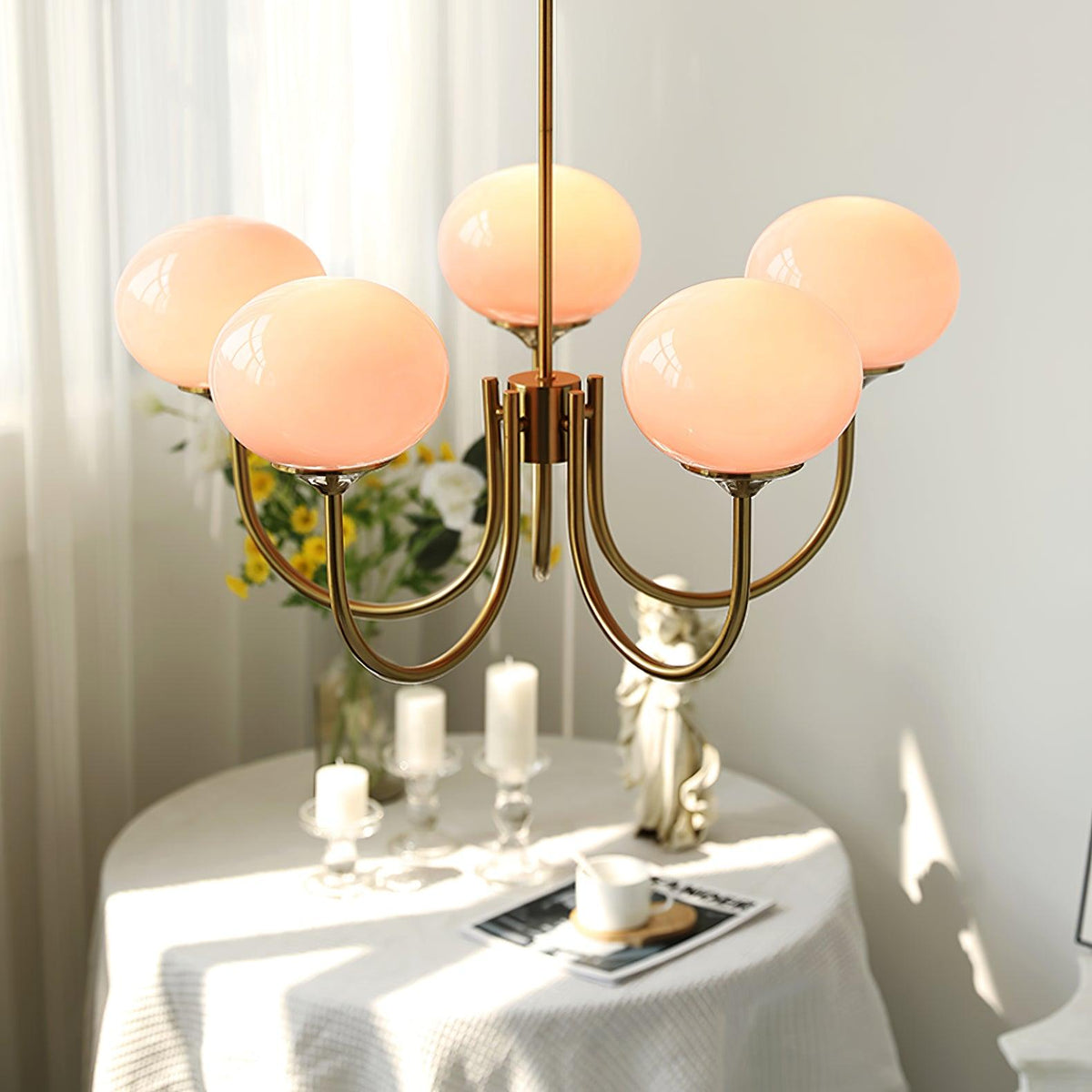 Marshmallow Chandelier Light in Gold Finish with Pale Pink Glass Shades for Modern Dining Room 4