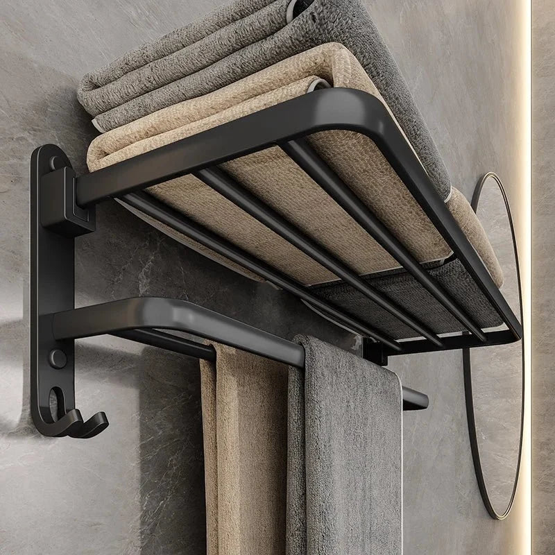 Matte Black Folding Wall-Mounted Towel Rack with Dual Bars and Hook – Space-Saving Bathroom Towel Rail 3