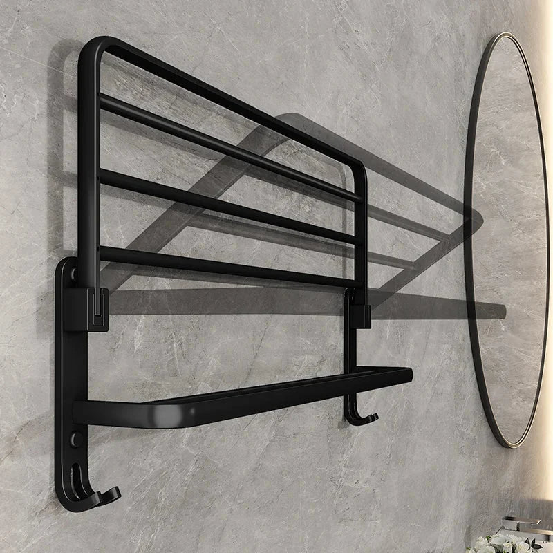 Matte Black Folding Wall-Mounted Towel Rack with Dual Bars and Hook – Space-Saving Bathroom Towel Rail 4