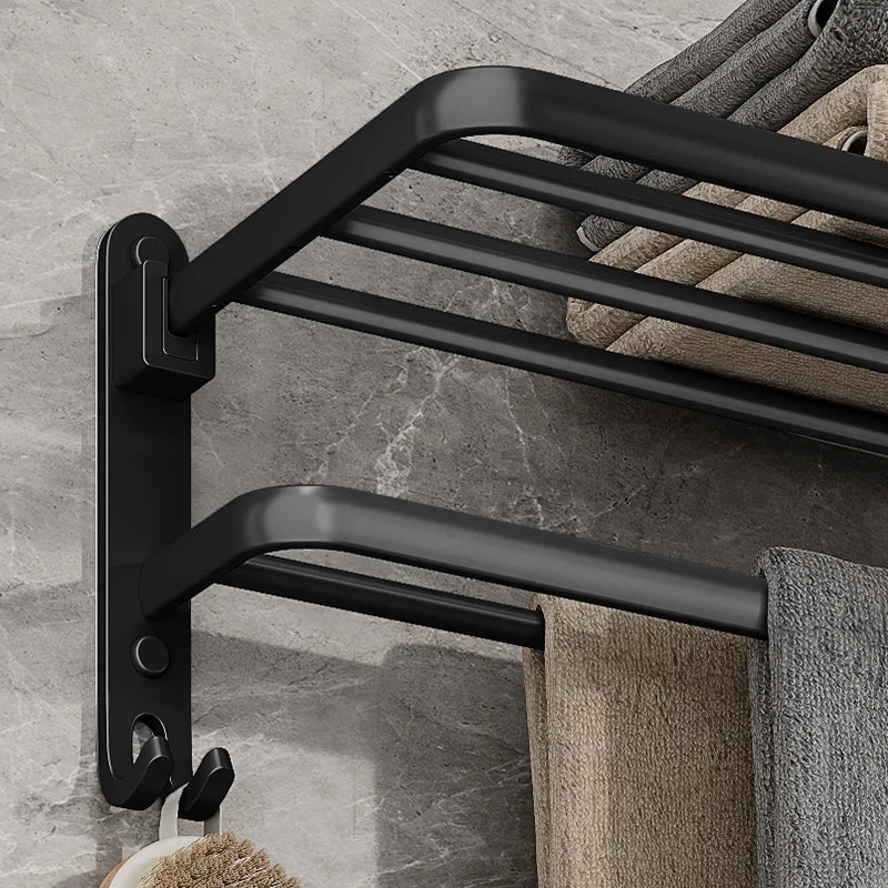 Matte Black Folding Wall-Mounted Towel Rack with Dual Bars and Hook – Space-Saving Bathroom Towel Rail 5