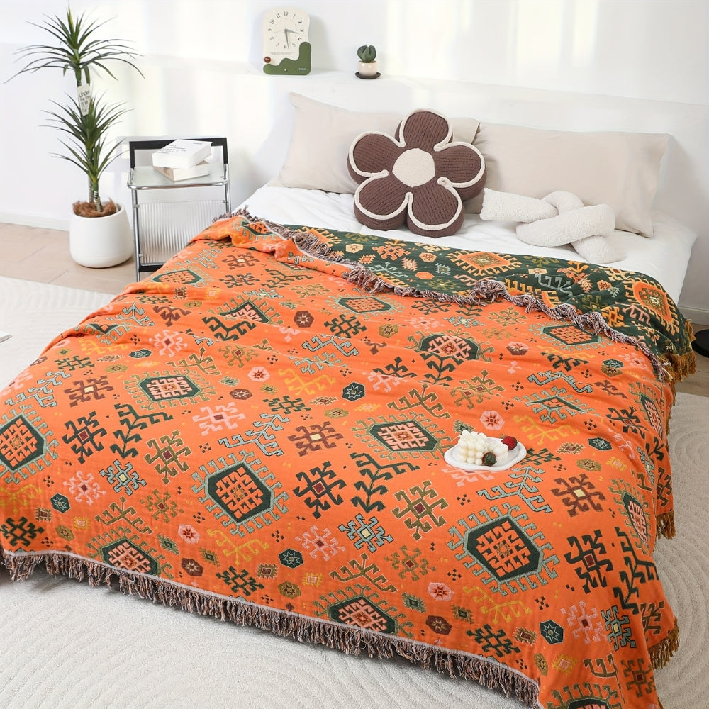Nara Geometric Fringe Blanket in Soft Cotton with Reversible Earthy Tones and Artisan Style 0