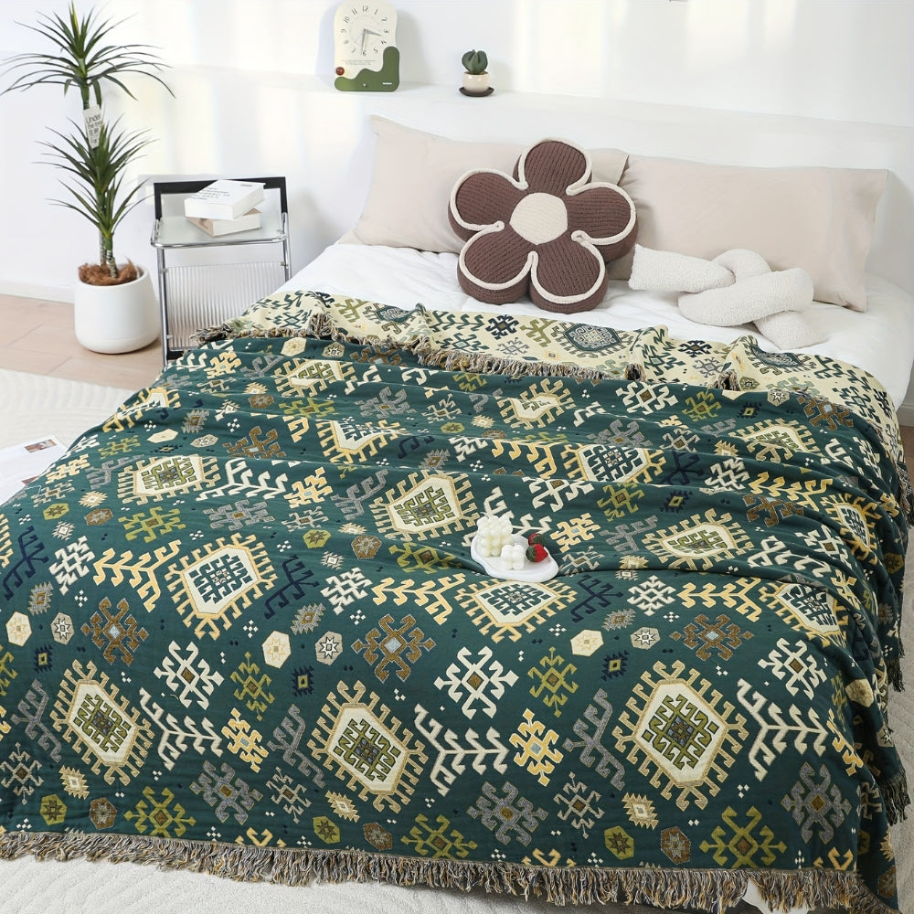 Nara Geometric Fringe Blanket in Soft Cotton with Reversible Earthy Tones and Artisan Style 1