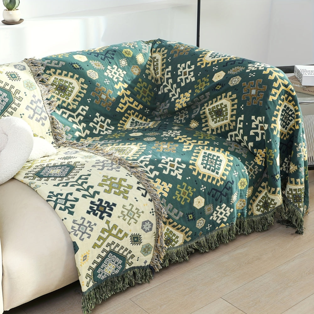Nara Geometric Fringe Blanket in Soft Cotton with Reversible Earthy Tones and Artisan Style 2