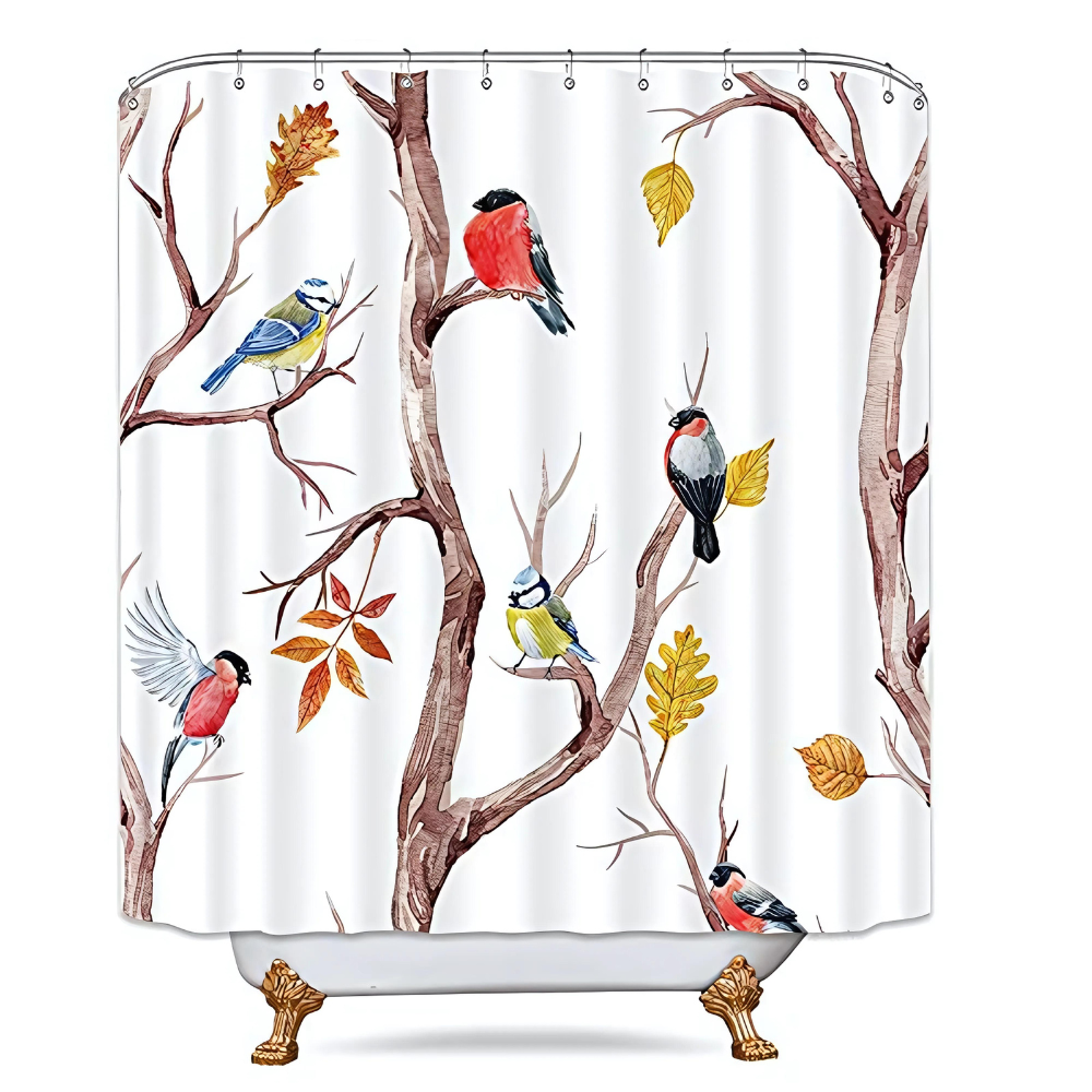 Nature's Touch | Bird & Tree Branches Shower Curtain with Waterproof Fabric | Elegant Design for a Tranquil Bathroom 0