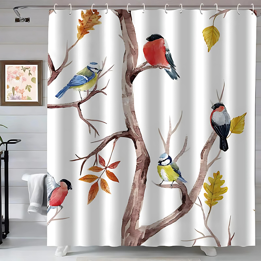 Nature's Touch | Bird & Tree Branches Shower Curtain with Waterproof Fabric | Elegant Design for a Tranquil Bathroom 1