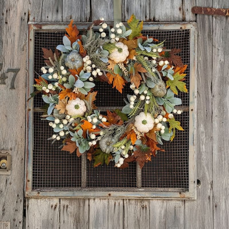 Norvella | Autumn Front Door Wreath with Pumpkin & Maple Accents