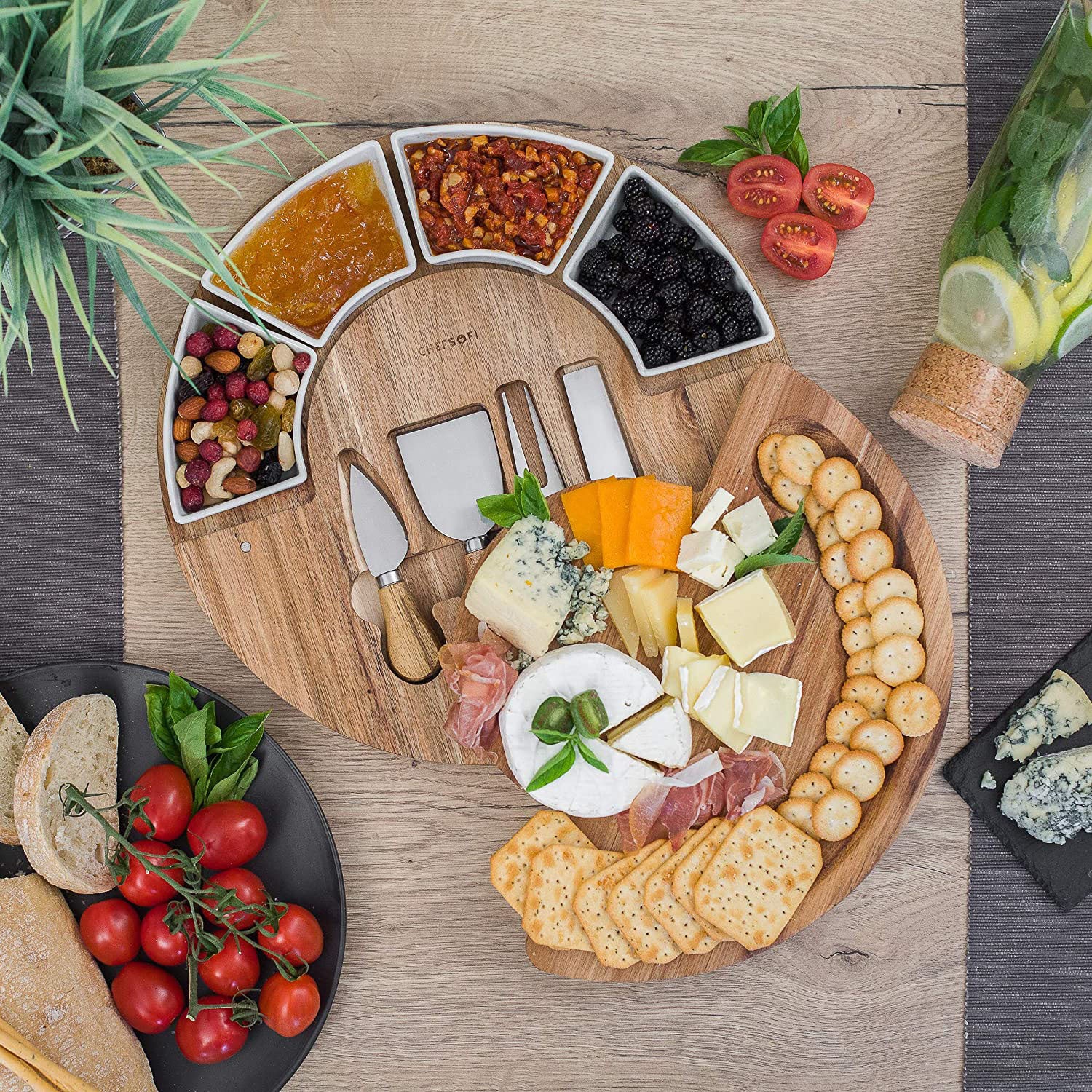 VILLERO – Acacia Wood Cheese Board Set with Bowls and Knives | 33cm Round Charcuterie Tray - Styyler