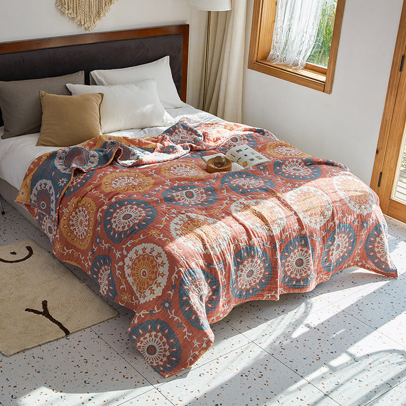 Terraea Quilted Cotton Throw | Reversible Earthy Red & Blue Blanket with Boho Patterns - Styyler