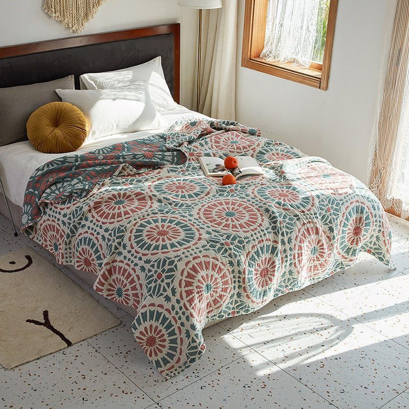 Mosaica Quilted Cotton Throw | Reversible Sofa and Bed Blanket with Terracotta, Teal and White Motifs - Styyler