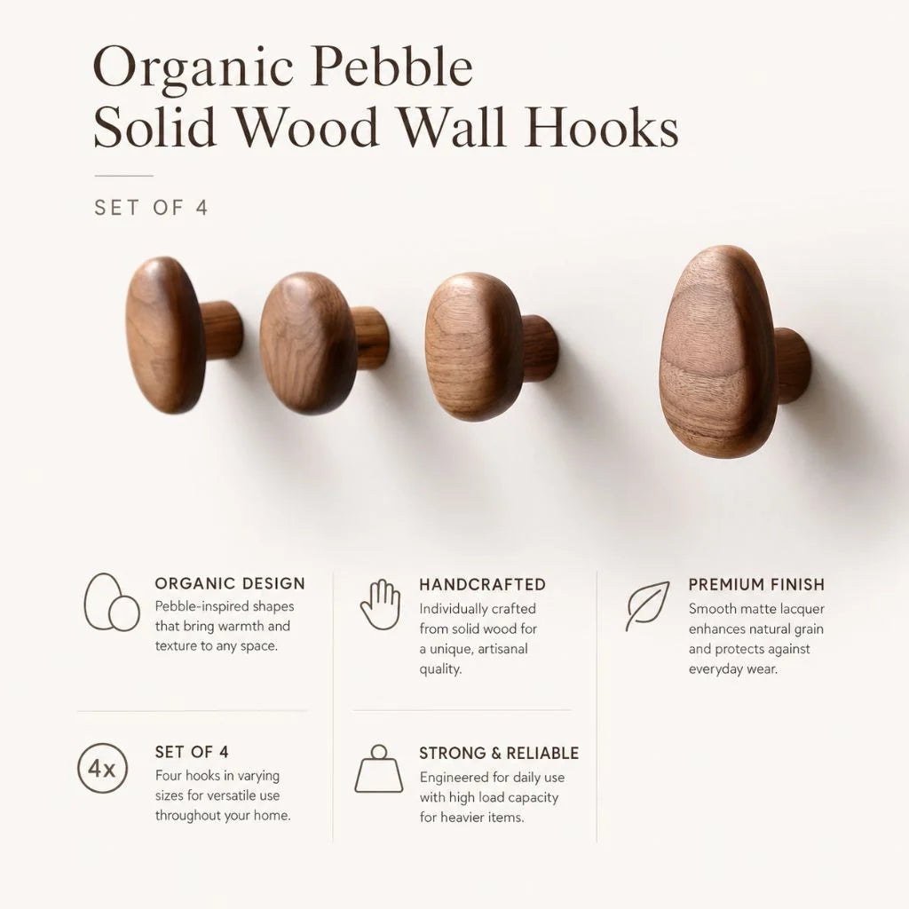 Organic Solid Wood Coat Hooks for Wall - Set of 4 Handcrafted Matte Finish Hooks for Hallway, Bathroom, Bedroom Organization 2