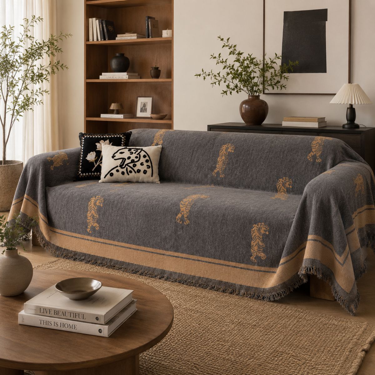 ORYN Chenille Sofa Cover | Tiger & Leopard Pattern Couch Protector