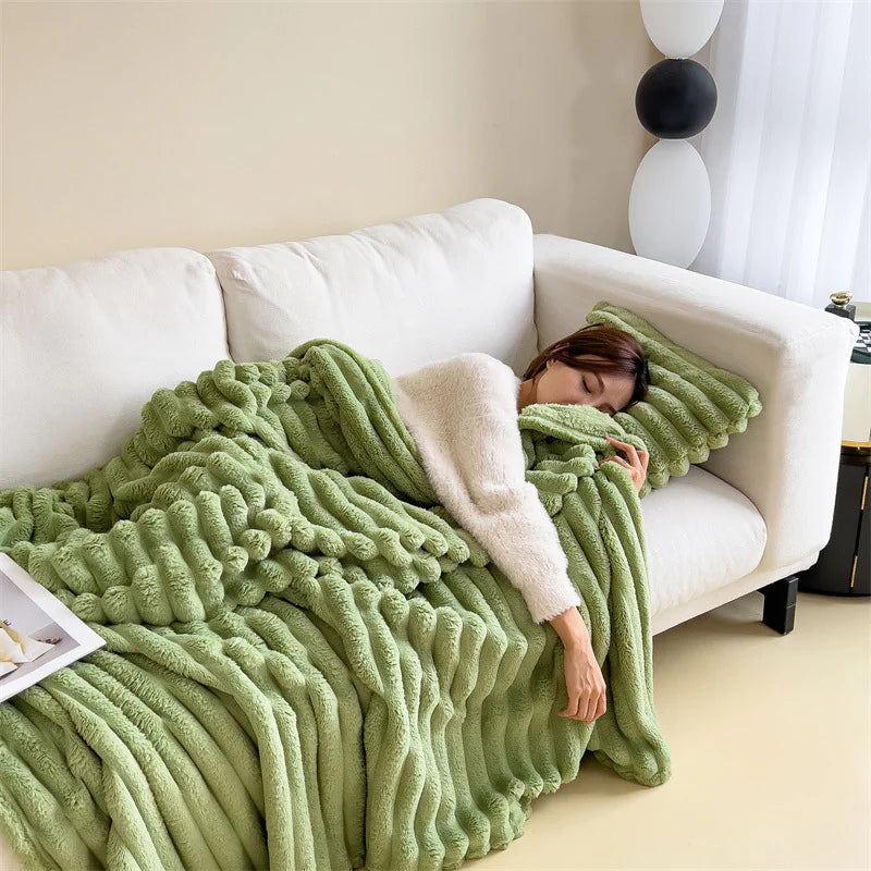 HESTIA Cozy Ribbed Throw Blanket | Ultra-Soft Coral Fleece for Home & Travel