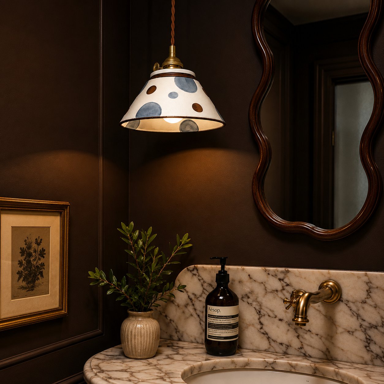 Ronja Pendant Lighting with Hand-Painted Ceramic Shade and Copper Fixture