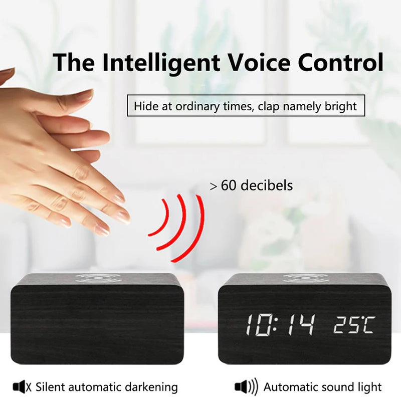 Stylish Wooden Digital Alarm Clock with Wireless Charging & Temperature Display | Multifunctional Desk Clock for Home & Office 2