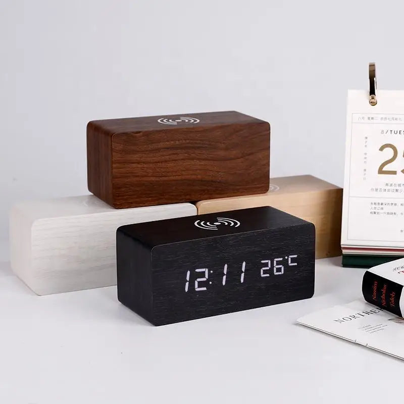 Stylish Wooden Digital Alarm Clock with Wireless Charging & Temperature Display | Multifunctional Desk Clock for Home & Office 5