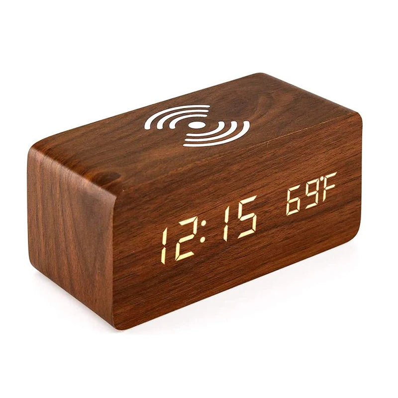 Stylish Wooden Digital Alarm Clock with Wireless Charging & Temperature Display | Multifunctional Desk Clock for Home & Office 6