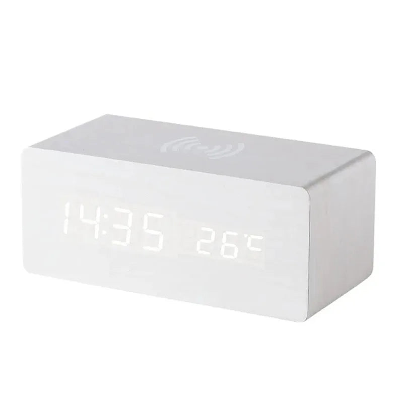 Stylish Wooden Digital Alarm Clock with Wireless Charging & Temperature Display | Multifunctional Desk Clock for Home & Office 7