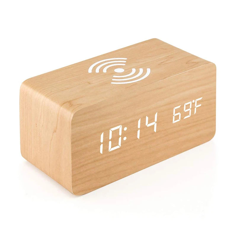 Stylish Wooden Digital Alarm Clock with Wireless Charging & Temperature Display | Multifunctional Desk Clock for Home & Office 9