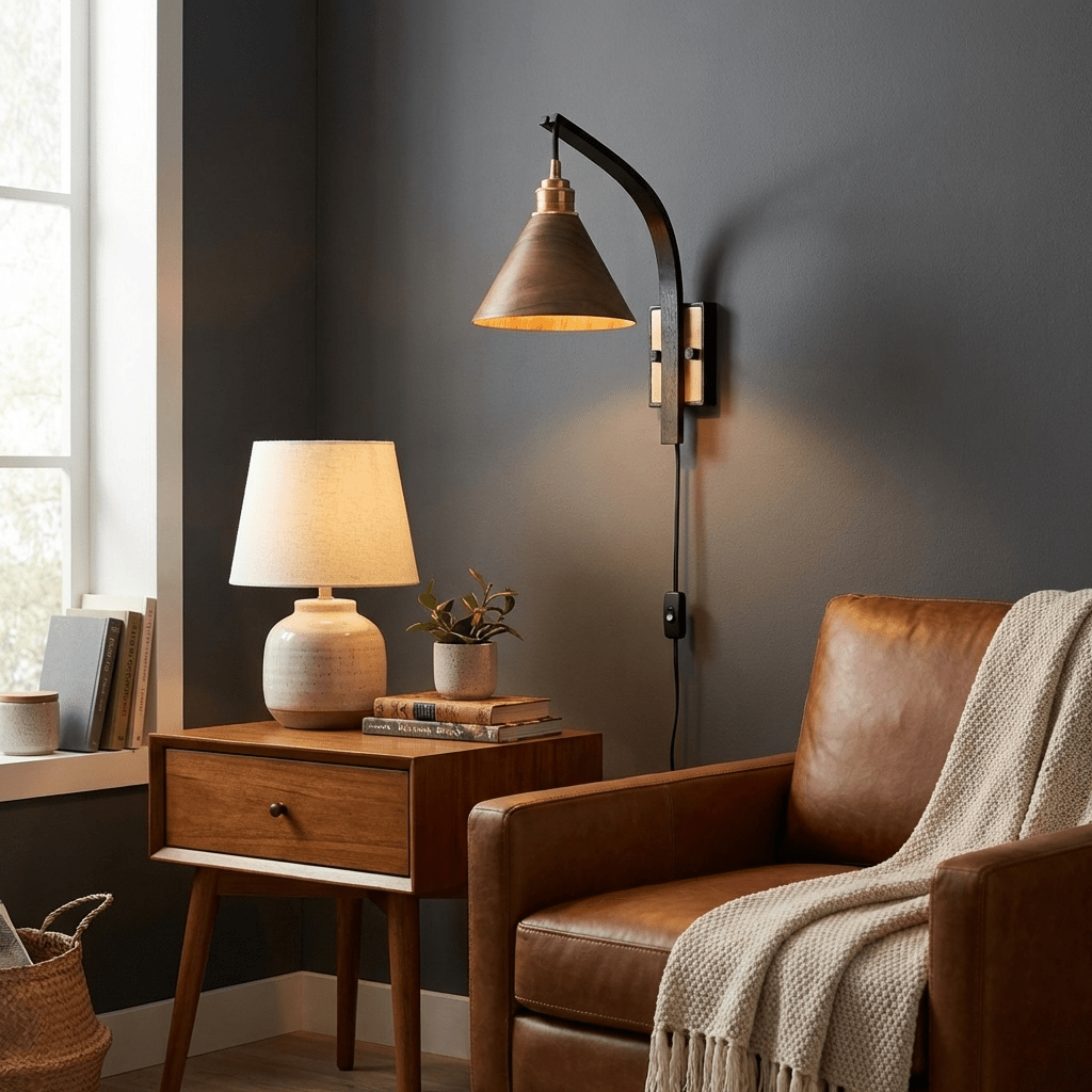 TimberGlow | Elegant Modern Plug-in Wall Sconce Lighting with Brass Accent 3