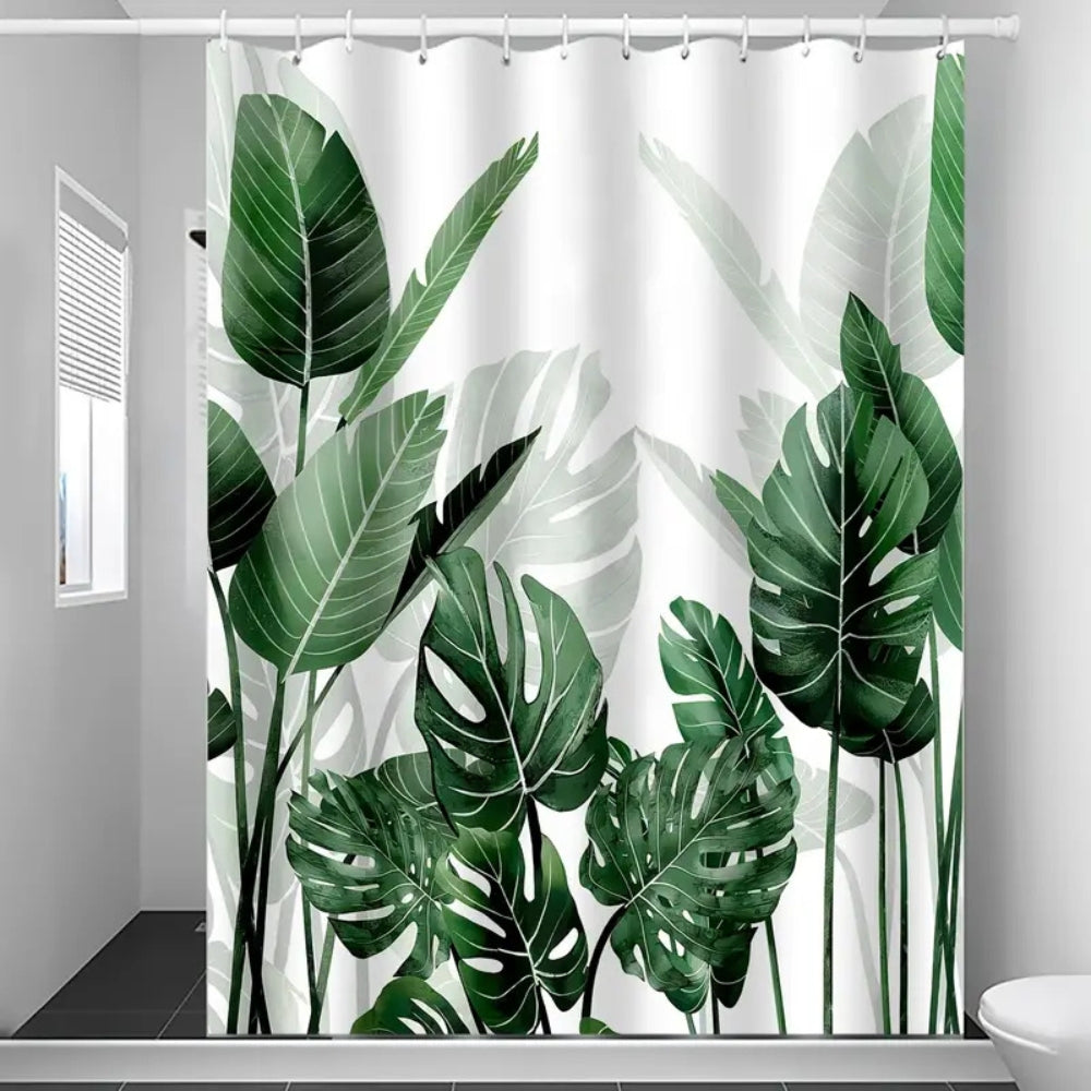 Tropical Oasis | Monstera Leaves Shower Curtain with Waterproof Design | Includes Curtain Hooks for Easy Installation 0