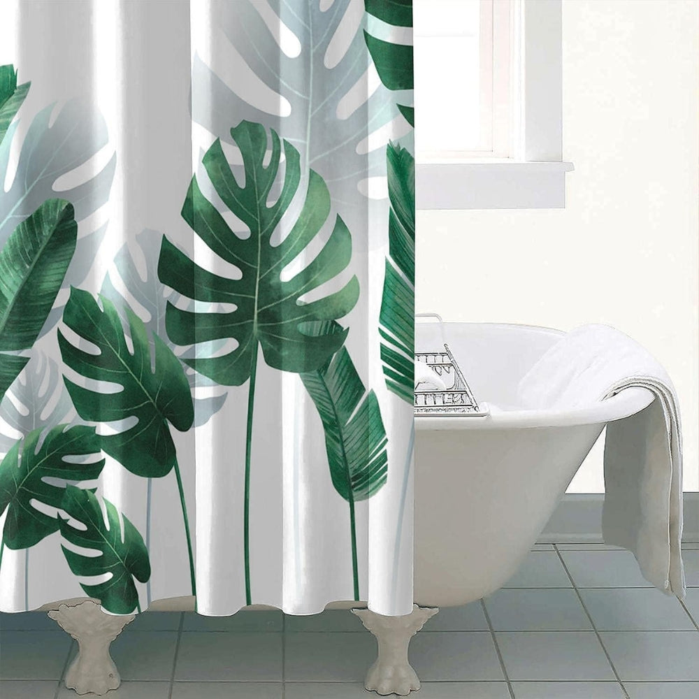 Tropical Oasis | Monstera Leaves Shower Curtain with Waterproof Design | Includes Curtain Hooks for Easy Installation 2